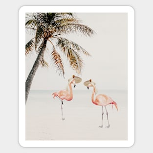 Flamingos on the beach under palm Animal adventures Sticker